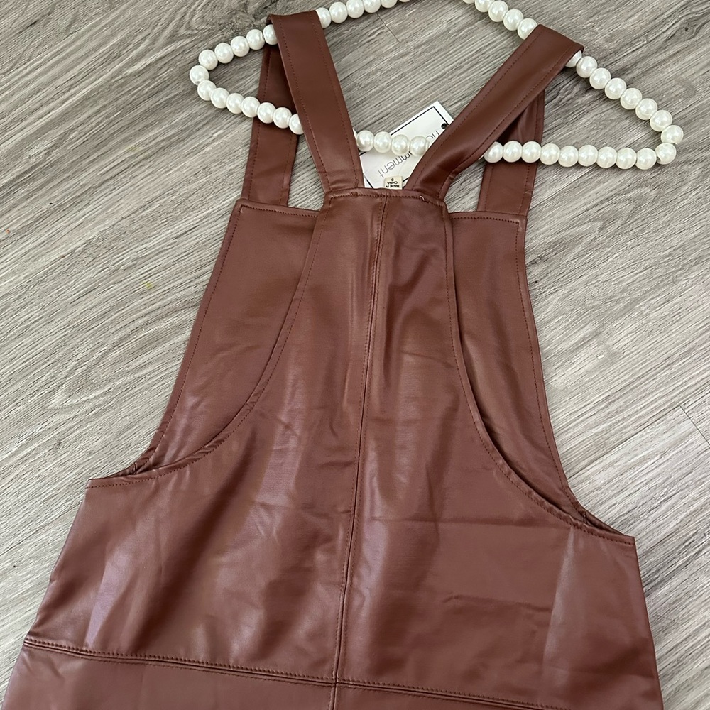 No comment| Chocolate Brown Leather Like Overall Mini Dress - Picture 4 of 6
